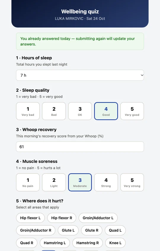 The wellbeing questionnaire on a phone: hours of sleep, sleep quality, recovery percentage and muscle soreness.